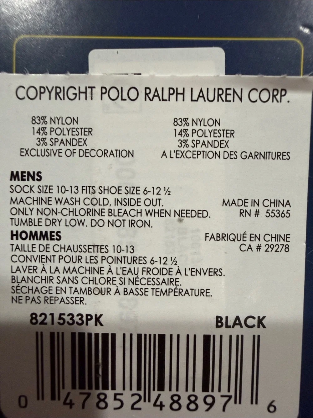 Polo by Ralph Lauren Black Performance Crew Socks (3 Pairs)sock size 10-13 shoe